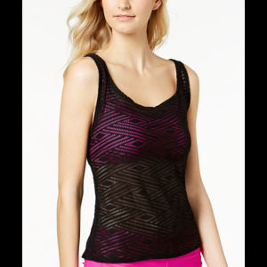 GO by Gossip Womens Sporty Splice Illusion Crochet Top,Pink,Large